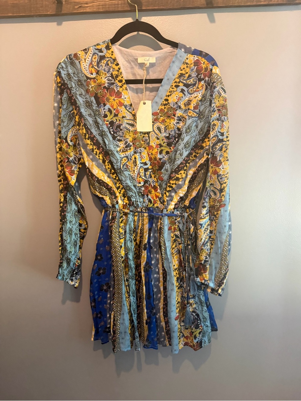 easel Mixed Floral Paisley Long Sleeve Mini Dress in Blue and Yellow